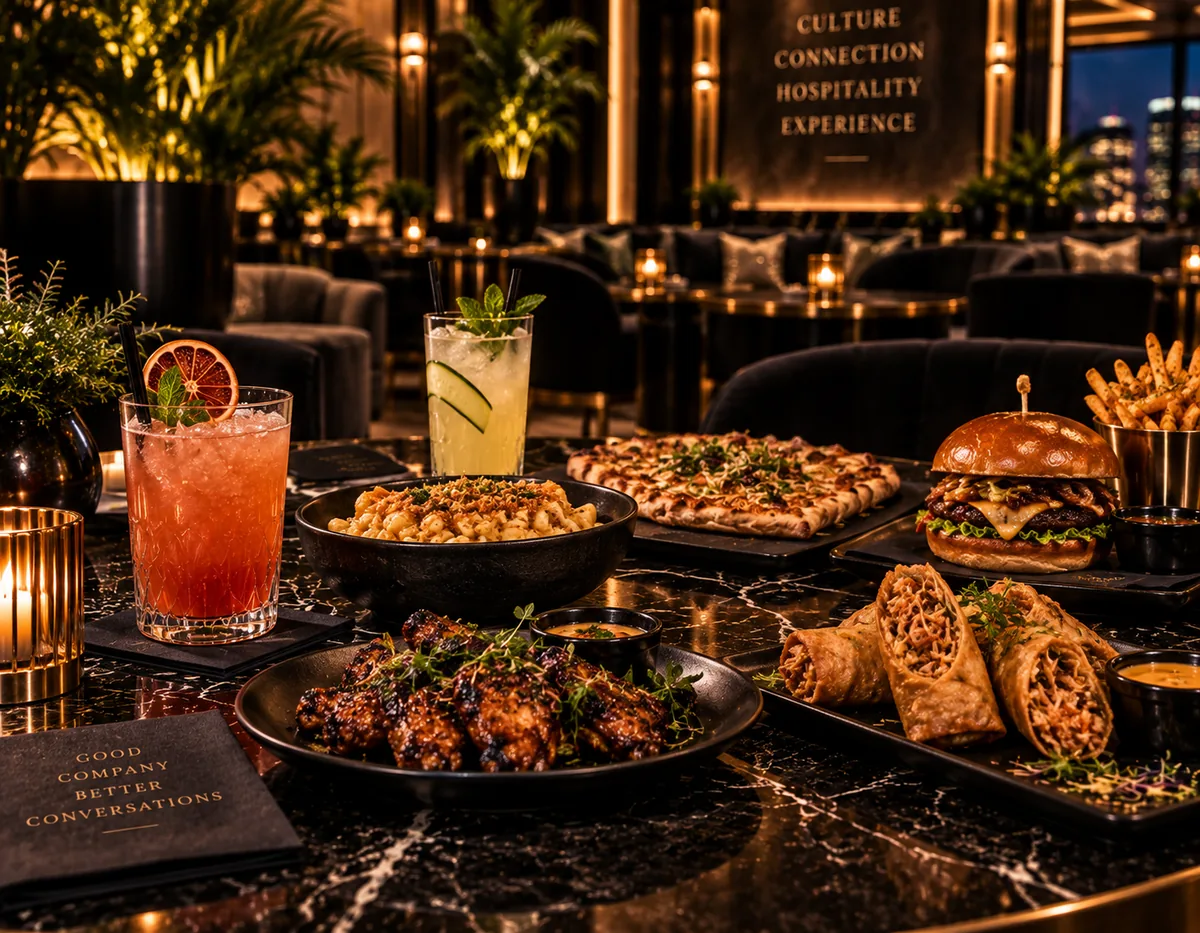 Design rendering of upscale food and zero-proof beverage presentation envisioned for Social House Lounge