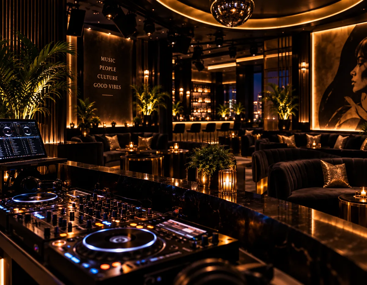 Design rendering of a DJ booth and nightlife atmosphere envisioned for Social House Lounge