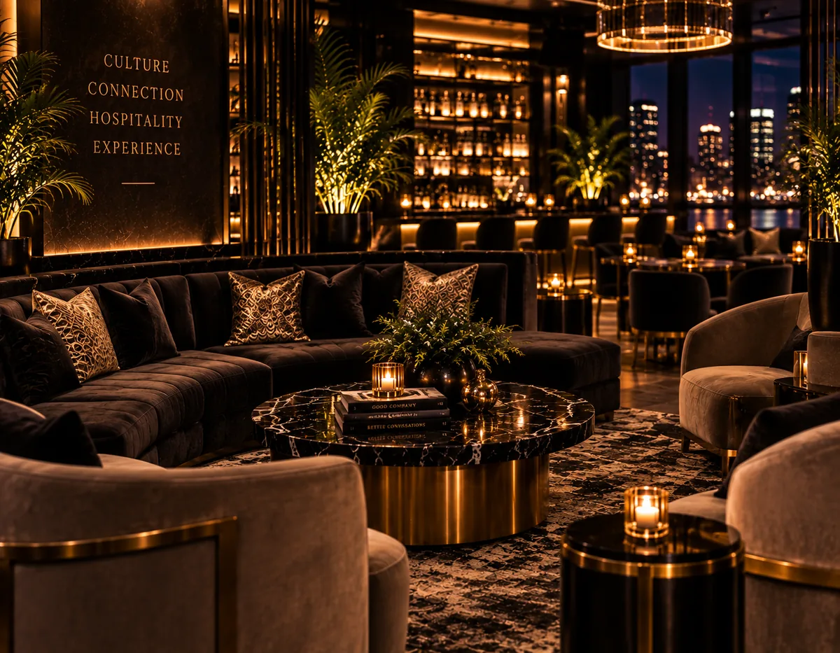 Design rendering of a sophisticated social lounge seating area envisioned for Social House Lounge