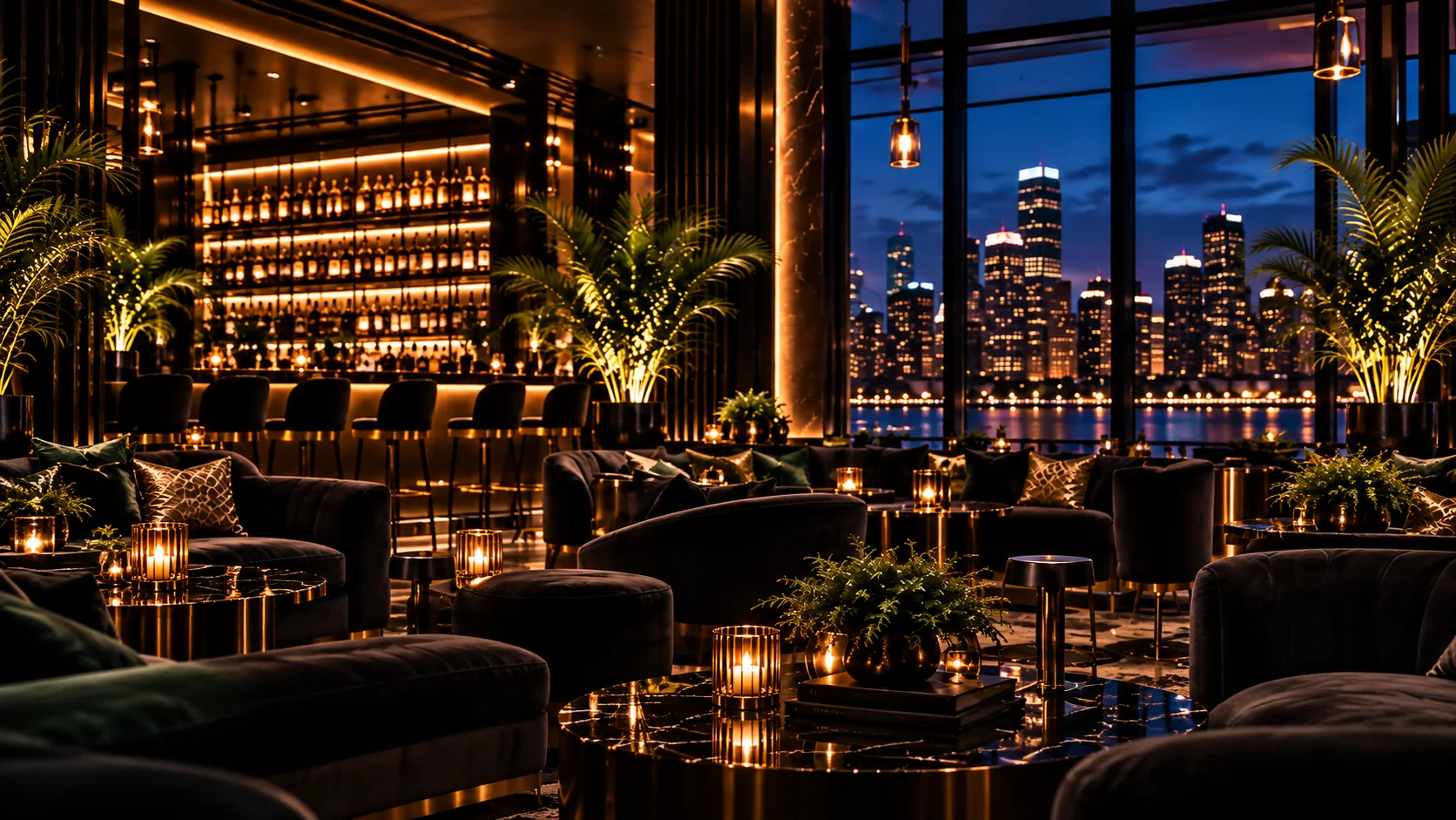 Design rendering of the planned Social House Lounge interior, featuring a backlit bar, lounge seating and a view of the Boston skyline
