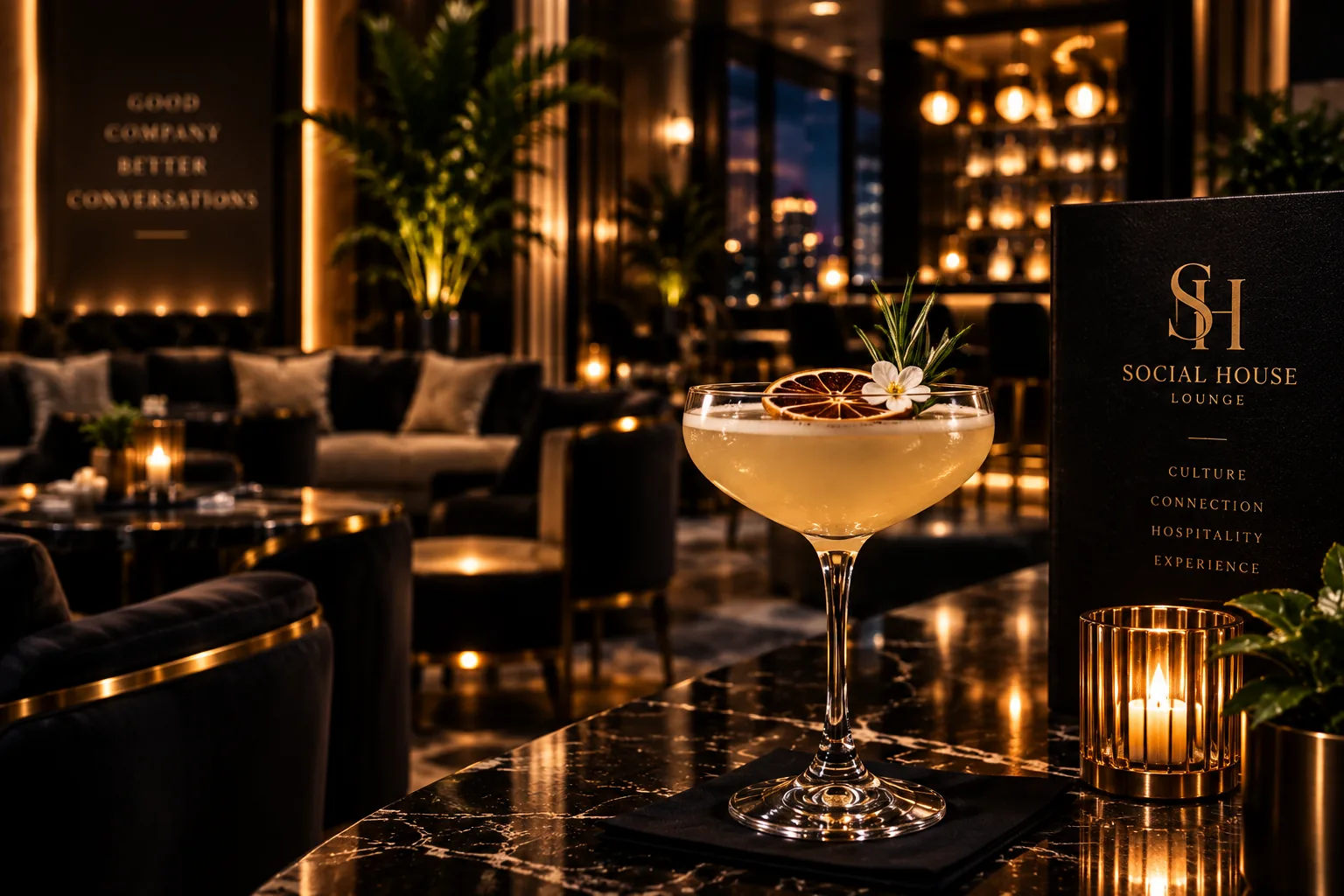 Design rendering of a sophisticated zero-proof cocktail on a marble lounge bar